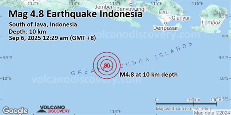 Moderate mag. 4.8 earthquake – South of Java, Indonesia, on Saturday, Sep 6, 2025, at 12:29 am (GMT +8) – Volcano Discovery