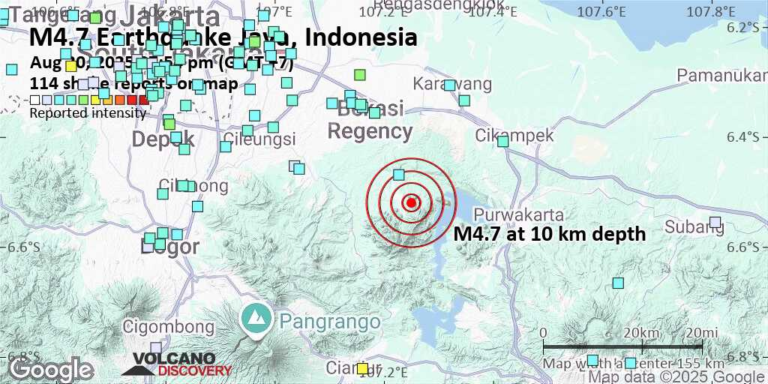 Moderate mag. 4.7 earthquake – Java, Indonesia, on Wednesday, Aug 20, 2025, at 07:54 pm (Jakarta time) – Volcano Discovery