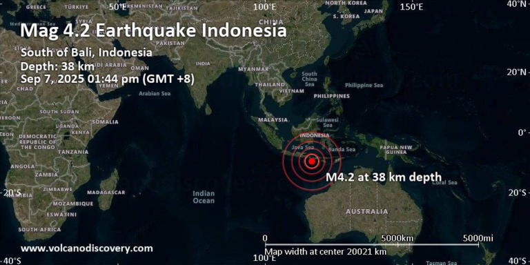 Moderate mag. 4.2 earthquake – Indian Ocean, 112 km south of Nusa Penida Island, Provinsi Bali, Indonesia, on Sunday, Sep 7, 2025, at 01:44 pm (GMT +8) – Volcano Discovery